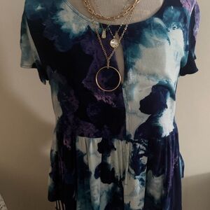 Juicy Couture Watercolor Peplum Top Medium Blue Teal Short Sleeve